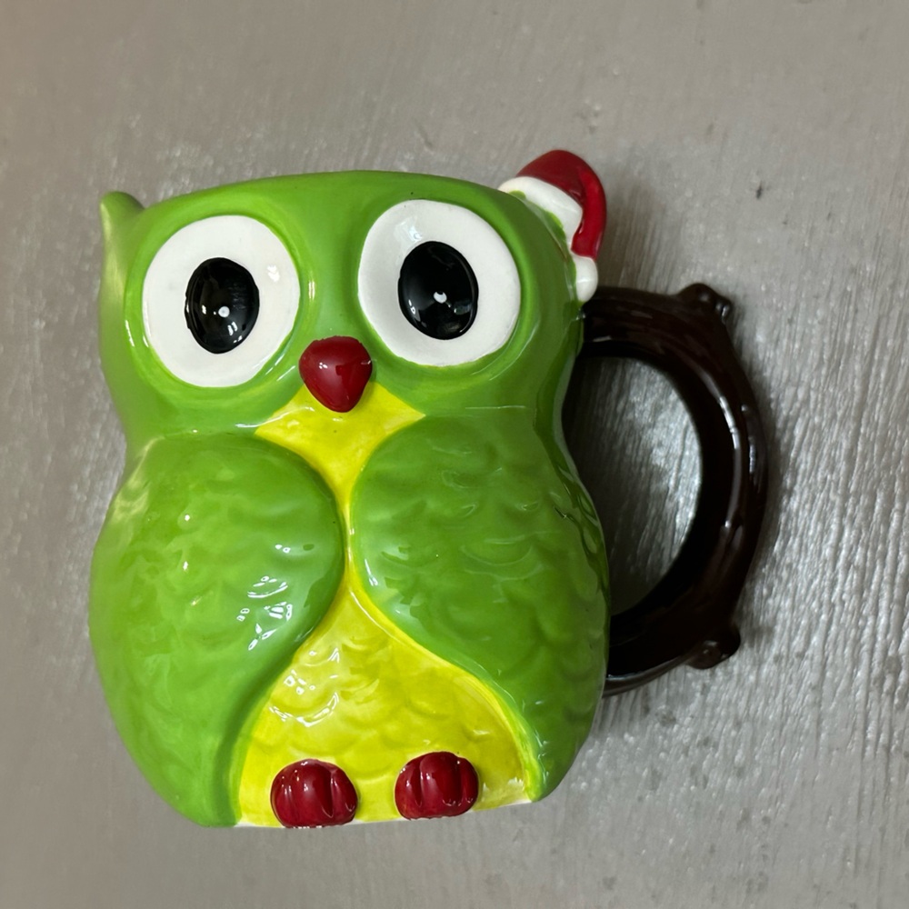 Home Accents Owl 3D Santa Hat Coffee Mug Christmas Hand Painted Lime Green